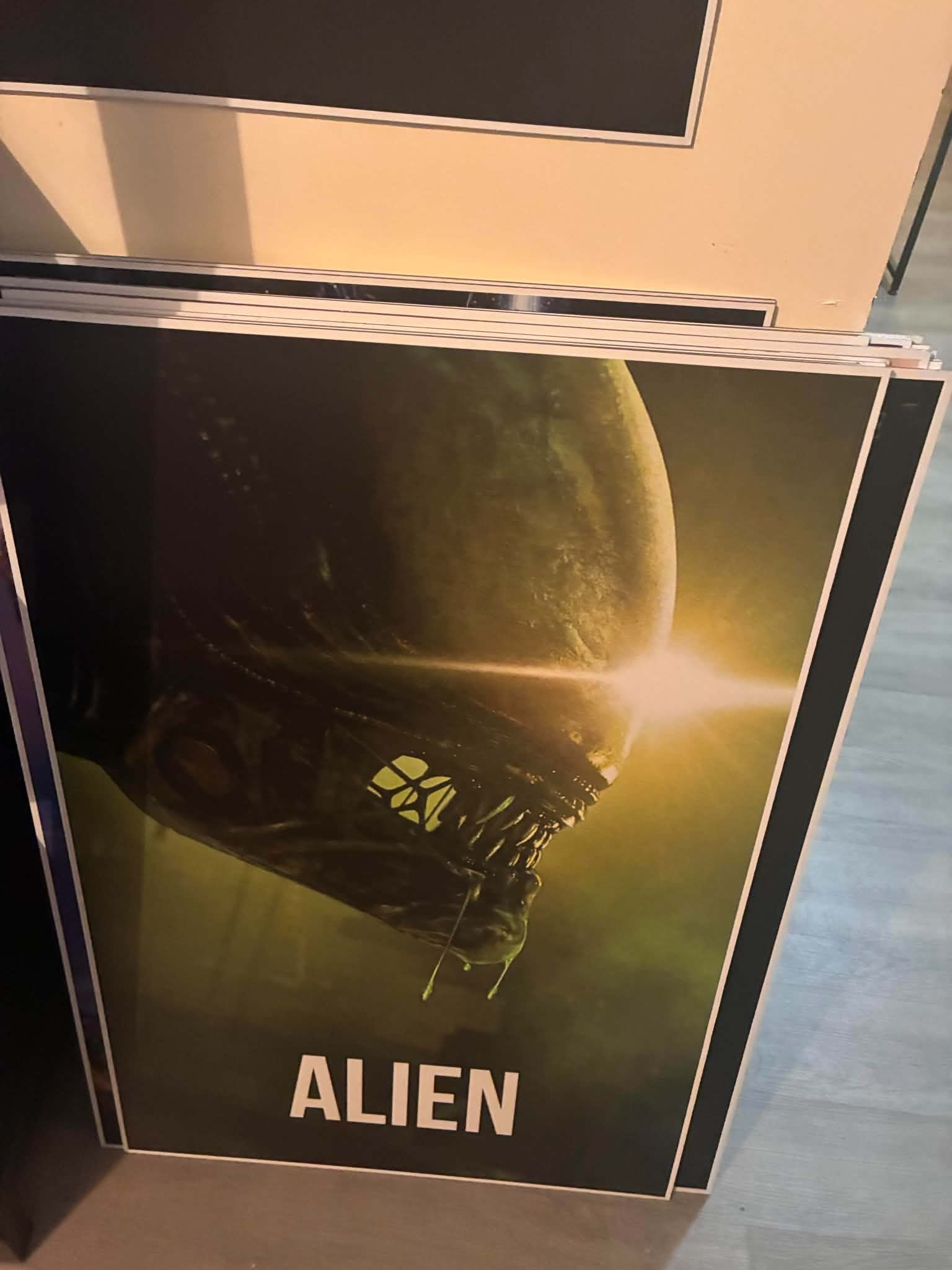 Photo of an Alien poster print with the Xenomorph's elongated head looming in yellow-green backlight
