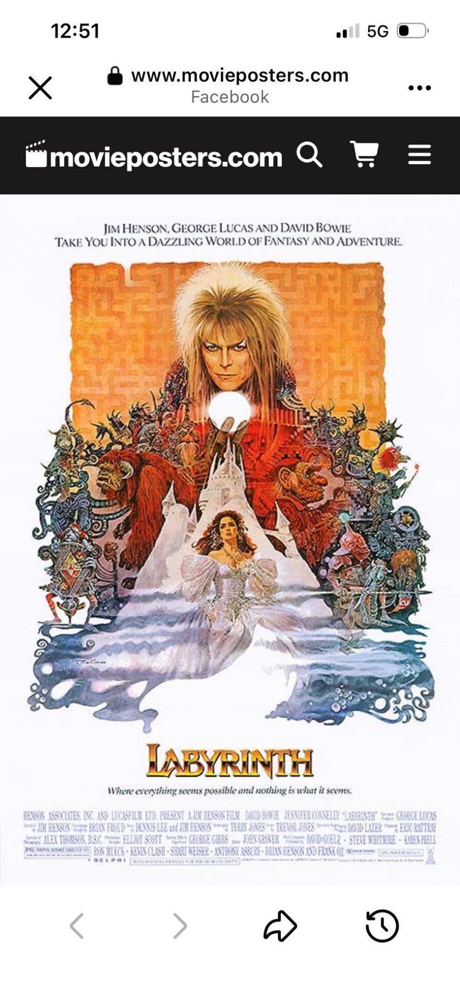 Reference photo of the Labyrinth movie poster with David Bowie as Jareth the Goblin King holding a crystal orb above the goblin castle